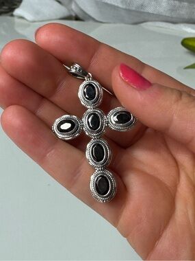 Cross Pendant without Chain in Sterling Silver Black Onyx